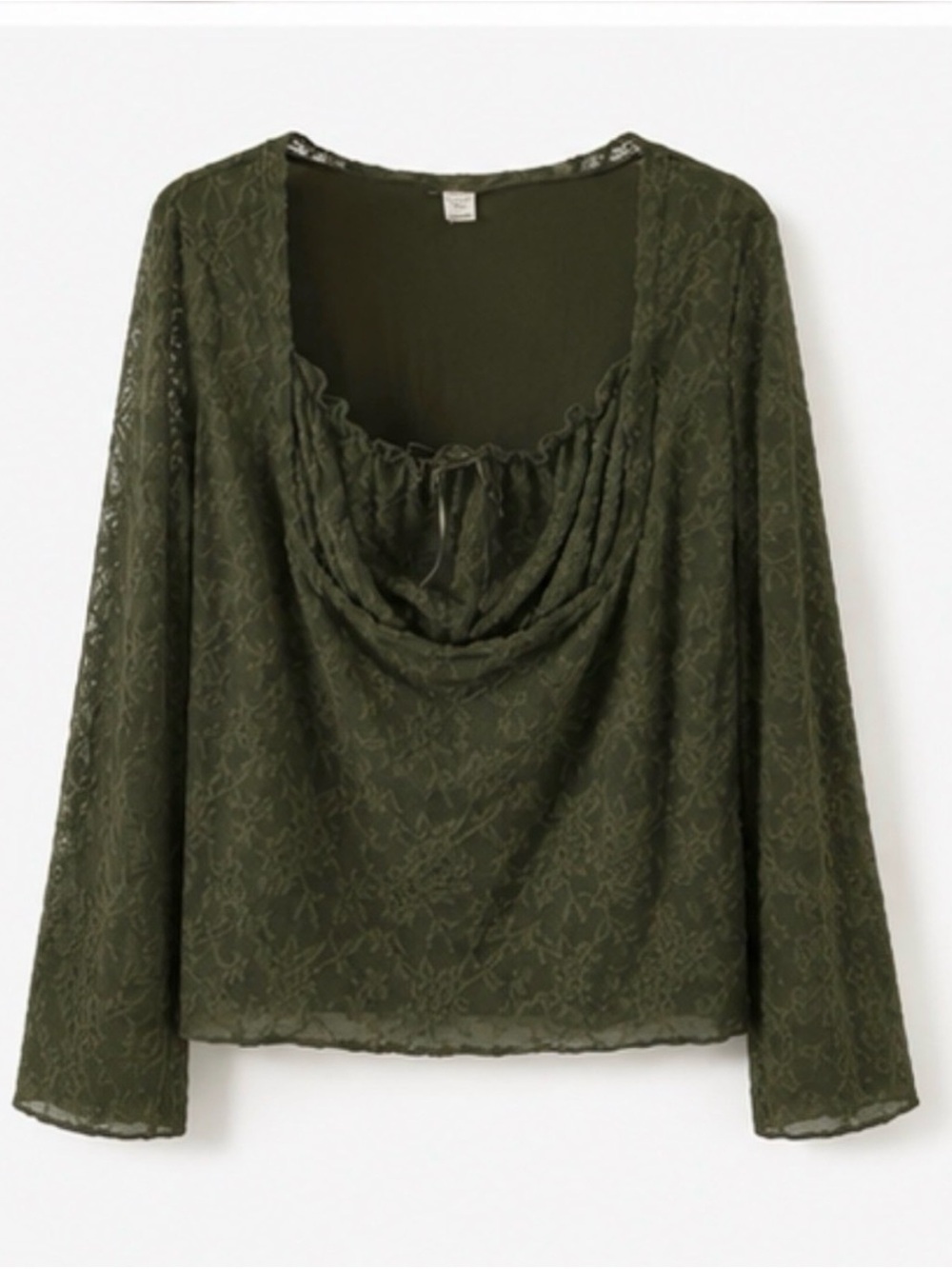 NWT Floerns Olive Green Sheer Lace Ruched Cowl Neck Top XXL Plus
